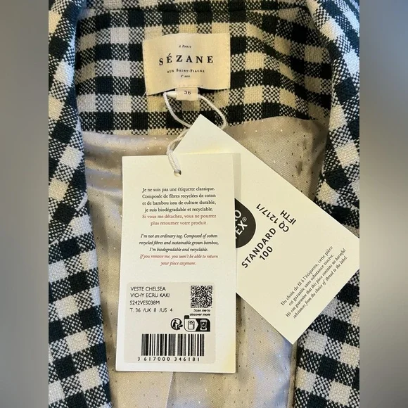 NWT Sézane Chelsea Blazer Dark Green (almost black) & Ecru Gingham Linen SZ 4 - Picture 7 of 11
